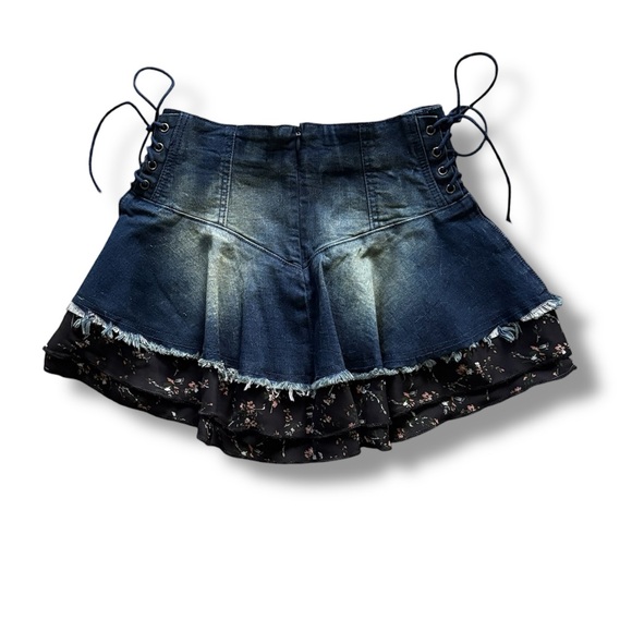 DollsKill | Current Mood Pleated Floral Denim Side Lace Up Y2K Grunge Mini Skirt - Picture 2 of 8
